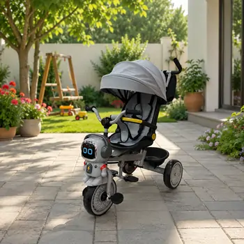 Robot Tricycle Grey With Music And Light - სასეირნო ველო-ეტლი, 3 image