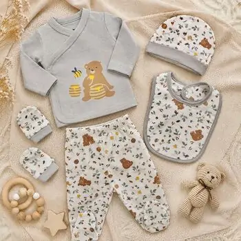 Bear With Honey 5 In 1 Set Grey - ჩვილის სამოსის ნაკრები