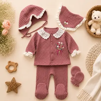Vintage Flower 5 In 1 Set Dark Pink - ჩვილის სამოსის ნაკრები