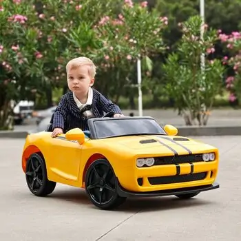 Dodge Challenger Car Yellow With Eva Wheels - ელექტრო მანქანა კაუჩუკის საბურავებით