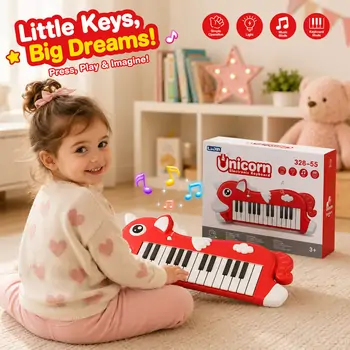 Elephant Red Piano With 25-Key And Light - სათამაშო პიანინო 25 კლავიშით