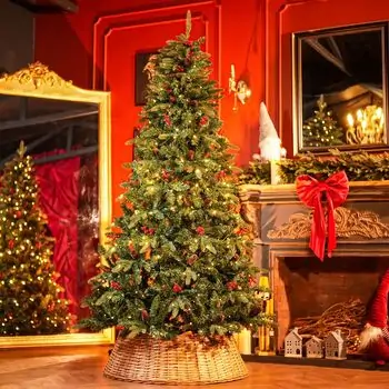 Christmas Tree With Mixed Silicone Needles, Lights, Pine Cones And Berries PE+PVC 210 CM  - ნაძვის ხე შერეული სილიკონის წიწვებით განათებით,გირჩით და კენკრით