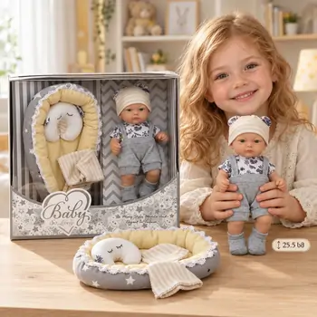 Newborn doll with cradle, quilt and pillow საბავშვო სათამაშო თოჯინა