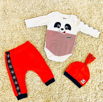 Hello Panda, Red, 3in1ახალშობილის ტანსაცმლის ნაკრები MİNİWORLD 15445, ზომა: 6-9 თვე