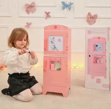 Wooden Toy Fridge Pink  - სათამაშო ხის მაცივარი აქსესუარებით