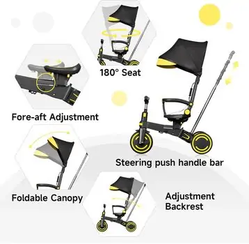 Flash Foldable Tricycle Yellow - სასეირნო დასაკეცი ველო-ეტლი, 6 image