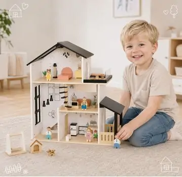 Tooky Toy Kids Play Doll House Family Figures Furniture Pet-საბავშვო თოჯინების სახლის ნაკრები ავეჯით, ფიგურებითა და შინაური ცხოველით
