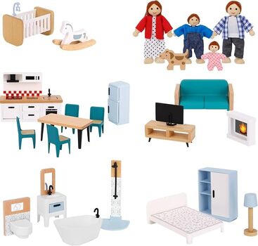 Wooden Dollhouse Accessories and Furniture - ხის სათამაშო სახლის აქსესუარები და ავეჯი