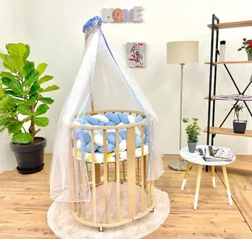 Natural EGGER Crib with Blue White  Bumper ხის  ტრანსფორმერი საწოლის კომპლექტი, 3 image