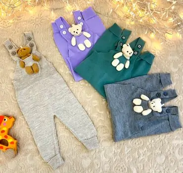 Cute Bear Knitted Overalls Beige - საბავშვო ნაქსოვი კომბინიზონი