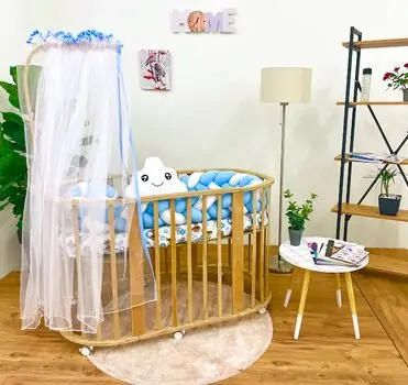 Natural EGGER Crib with Blue White  Bumper ხის  ტრანსფორმერი საწოლის კომპლექტი, 2 image