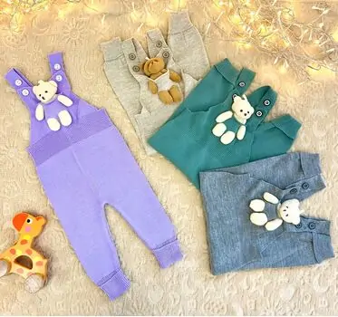 Cute Bear Knitted Overalls Purple - საბავშვო ნაქსოვი კომბინიზონი