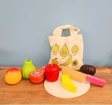 Bag With Wooden  chopping board set - ხის სათამაშო დასაჭრელი ხილი და ბოსტნეული ჩანთით, 2 image