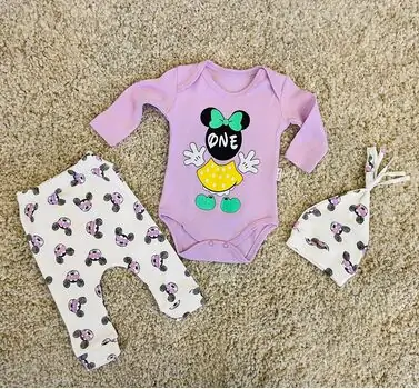 Minnie Mouse ONE, Purple 3in1 ახალშობილის ტანსაცმლის ნაკრები POLİFONİ 1110, ზომა: 3-6 თვე