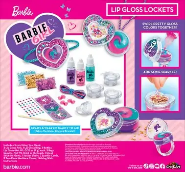 Cra-Z-Art Barbie Sparkling Sweet Heart Lip Gloss Lockets საბავშვო გლოსის ნაკრები