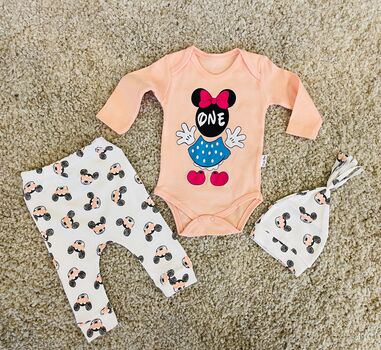 Minnie Mouse ONE, Peach 3in1 ახალშობილის ტანსაცმლის ნაკრები POLİFONİ 1110, ზომა: 6-9 თვე