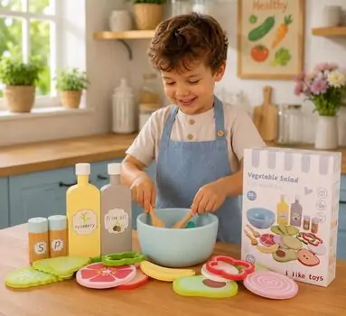 Wooden salad set -ხის სათამაშო აქსესუარები ხილით