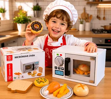 Wooden Toy Microwave Oven  - სათამაშო ხის მიკროტალღური ღუმელი აქსესუარებით