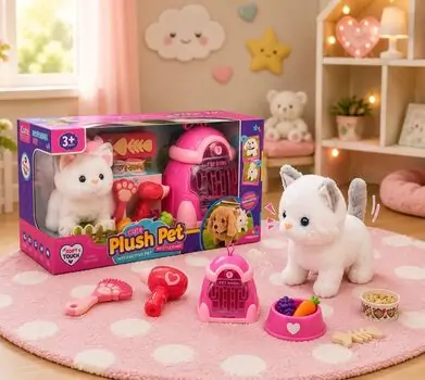 Cute Plush Kitten Toy With nursery Set - რბილი სათამაშო კნუტი აქსესუარებით