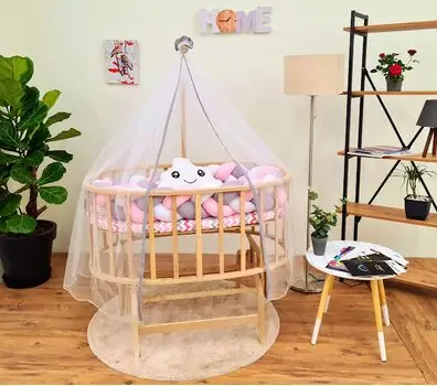 Bebeconfor Amedan Natural Color Basket Cradle With Pink/Grey/White Bumper ახალშობილის საწოლი