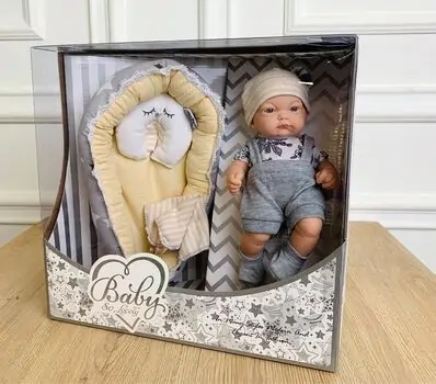 Newborn doll with cradle, quilt and pillow საბავშვო სათამაშო თოჯინა, 3 image