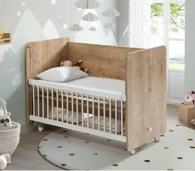 Baby When Wood Color Swinging and Wheeled Bedside Cradle ახალშობილის საწოლი