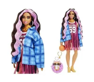 Barbie Extra Plaid Jacket Baby Blue MTL-HDJ46 ბარბის თოჯინა ძაღლით აქსესუარებით, 2 image