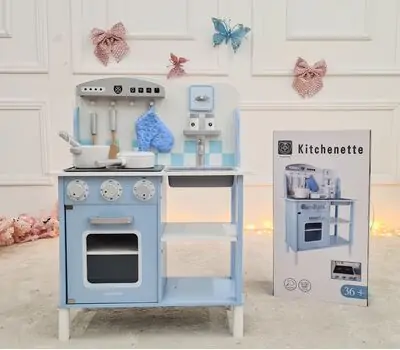 Toy Wooden Kitchen With Accessories Blue - ხის სათამაშო სამზარეულო