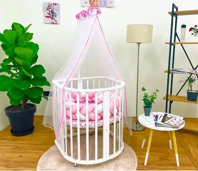WHITE EGGER CRADLE With Pink White Knit Bumper ხის ტრანსფორმერი საწოლის კომპლექტი, 3 image