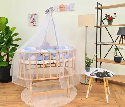 Bebeconfor Amedan Natural Color Basket Cradle With Blue Grey White Bumper ახალშობილის საწოლი