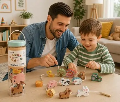 Tooky Toy Lacing Farm Animals Set - ხის განსავითარებელი სათამაშო შინაური ცხოველები