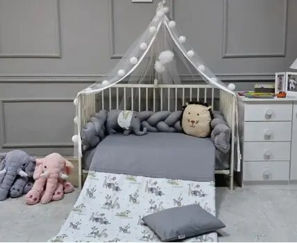 Yuar Baby 3-Braid Bumper Bedding Set for cribs Grey Elephant ახალშობილის საწოლის თეთრეული