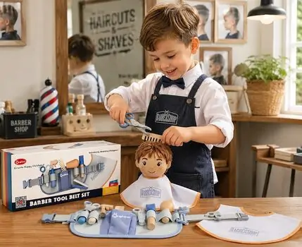 Wooden Toy Barber Tool Belt set - ხის სათამაშო ინსტრუმენტების ქამარი