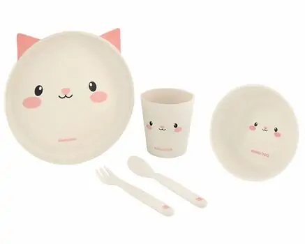 KikkaBoo-ს საბავშვო ჭურჭლის ნაკრები Tableware bamboo set Cat Pink