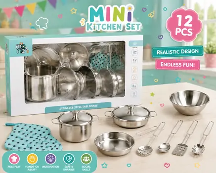 Moni Toys Stainless kitchen set 12pcs A8 - სამზარეულოს ნაკრები