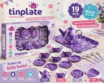 Beautiful Purple Metal Tea Set -  სათამაშო ჩაის ნაკრები აქსესუარებით