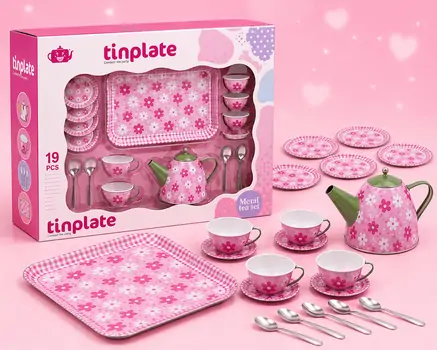 Beautiful Pink Flowers Metal Tea Set -  სათამაშო ჩაის ნაკრები აქსესუარებით