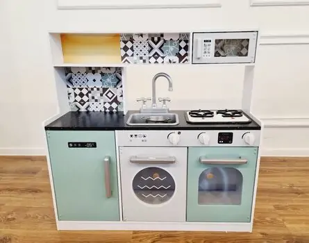 Moni Toys 7257 Wooden kitchen with lights, microwave and sink საბავშვო ხის სათამაშო სამზარეულო