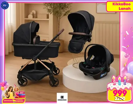 KikkaBoo Lanah 3in1 With Carrycot Black + i xtend car seat - საბავშვო ეტლის კომპლექტი