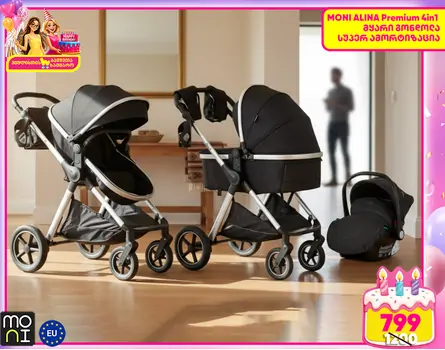 Moni 3 In 1 Set Alina Black-Onyx - საბავშვო ტრანსფორმერი ეტლის კომპლექტი