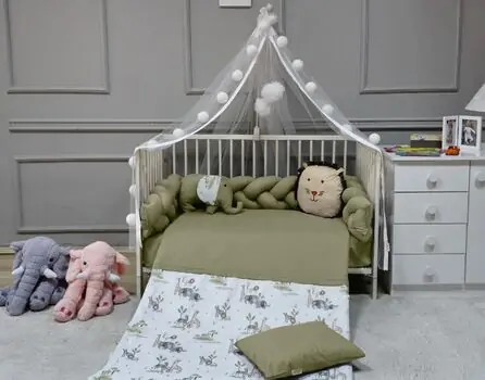 Yuar Baby 3-Braid Bumper Bedding Set for cribs Green Elephant ახალშობილის საწოლის თეთრეული