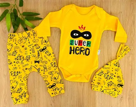 Super Hero Set 3in1 Yellow ახალშობილის ტანსაცმლის ნაკრები POLİFONİ 1011