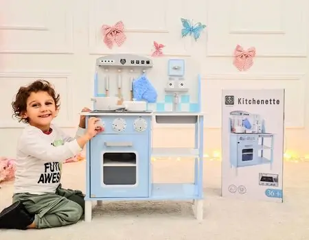 Toy Wooden Kitchen With Accessories Blue - ხის სათამაშო სამზარეულო, 6 image