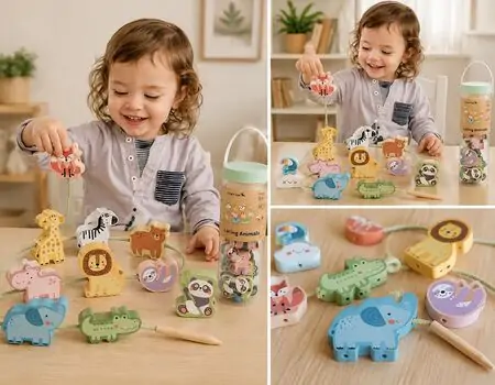 Tooky Toy Wild Animals Lacing Blocks - ხის განსავითარებელი სათამაშო