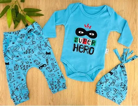 Super Hero Set 3in1 Blue ახალშობილის ტანსაცმლის ნაკრები POLİFONİ 1011