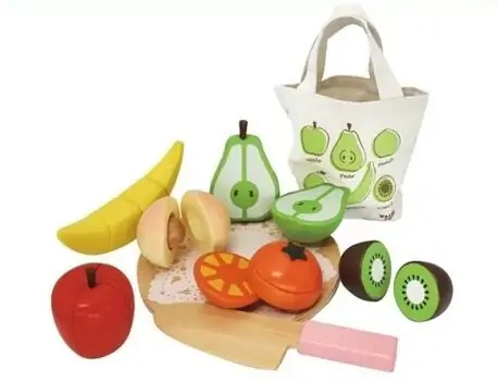 Bag With Wooden  chopping board set - ხის სათამაშო დასაჭრელი ხილი და ბოსტნეული ჩანთით, 3 image