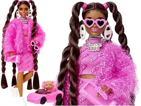 Barbie Extra Baby Pink in Nostalgic Dress MTL-HHN06 ბარბის თოჯინა მანქანით და ძაღლით, 6 image