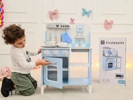 Toy Wooden Kitchen With Accessories Blue - ხის სათამაშო სამზარეულო, 7 image