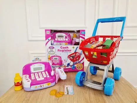 Smart cash register + shopping cart საბავშვო სათამაშო მუსიკალური სალარო აპარატი