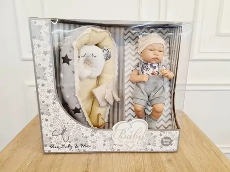 LOVELY Newborn doll with cradle, quilt and pillow საბავშვო სათამაშო თოჯინა